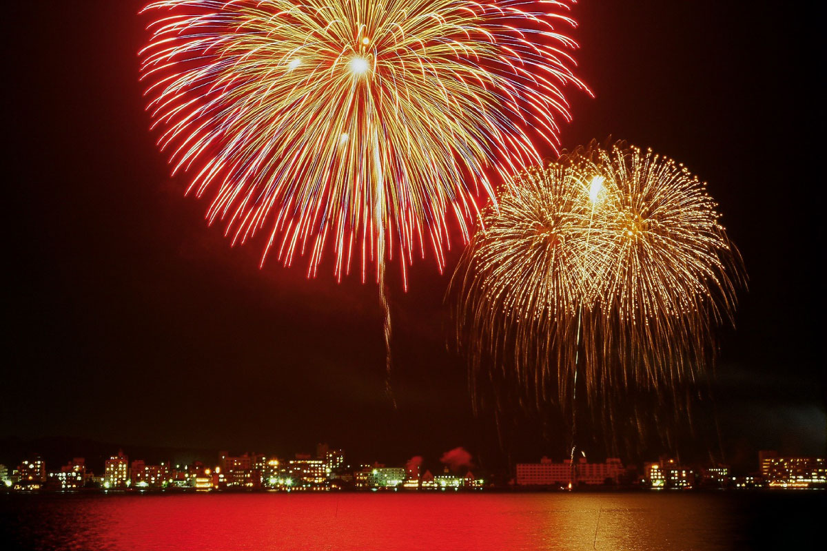Summer fireworks in August over Lake Shibayama at Katayamazu Onsen